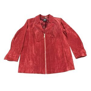 Dennis Basso Red Suede Leather Jacket 1X Zip Front Plus Size Blazer Coat